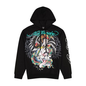 Black Ed Hardy Battle Skull Black Pullover Hoodie | KVZGJPR-20