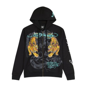 Black Ed Hardy Crawling Tigers Hoodie | HZSPFIT-46