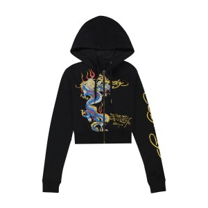 Black Ed Hardy Cropped Dragon Hoodie | GKHPDIS-56