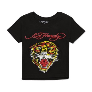 Black Ed Hardy Rhinestone Tiger Heart Baby Tee | UVSKXEZ-83