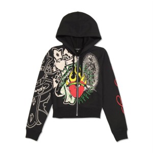 Black Ed Hardy Sacred Heart Cropped Zip Fleece Hoodie | VFULNWT-01