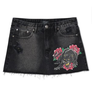 Black Wash Ed Hardy Panther Roses Denim Skirt | LMTUZBJ-26