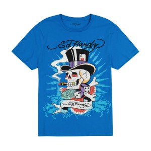 Blue Ed Hardy Skull Hat Tee | KZBOEVX-45