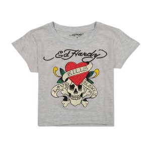 Grey Ed Hardy Rhinestone LKS Skull Baby Tee | RCELMAW-83