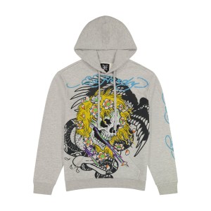 Grey Ed Hardy Yellow Hair Skull Heather Grey Pullover Hoodie | BVPHJEU-98