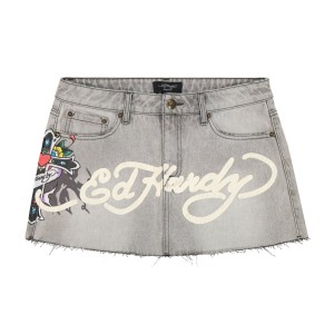 Grey Wash Ed Hardy Cross Denim Mini Skirt | COPXVIZ-17