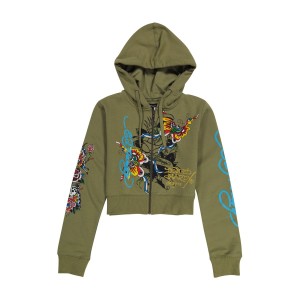 Olive Ed Hardy Butterflies Cropped Hoodie | SNTACGV-10