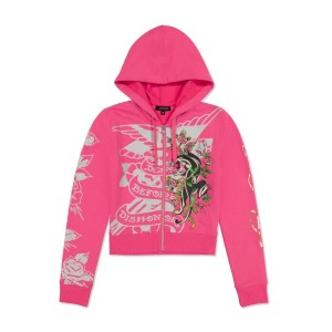 Pink Ed Hardy Tiger Crown Zip Fleece Hoodie | XJKZMDO-15