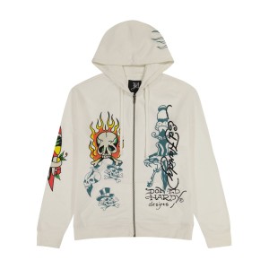 White Ed Hardy Flame Skull Hoodie | BOHETXU-62