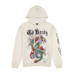 White Ed Hardy Japan Dragon Ivory Pullover Hoodie | YSVDUZO-79