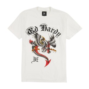 White Ed Hardy Panther Dragon Tee | EIHAKZF-61