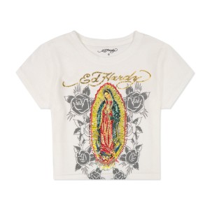 White Ed Hardy Rhinestone Mary Baby Tee | FMISKUL-07