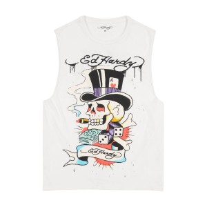 White Ed Hardy Skull Tophat Mens Cutoff Tee | SHYBOQA-97