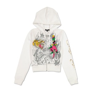 White Ed Hardy Tiger Dagger Cropped Zip Fleece Hoodie | RXNZMJG-12