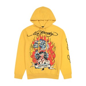 Yellow Ed Hardy Fire Tiger Golden Yellow Pullover Hoodie | FZCSXKD-06