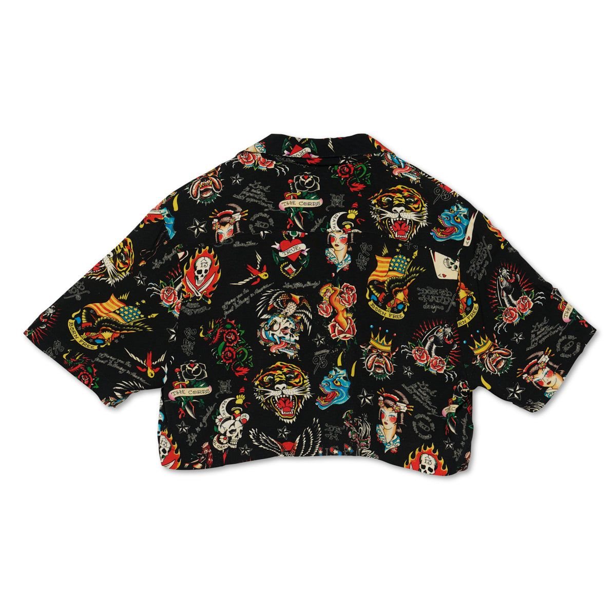 Black Ed Hardy Flashboard Cropped Camp Shirt (Bl) | TFABIRM-65