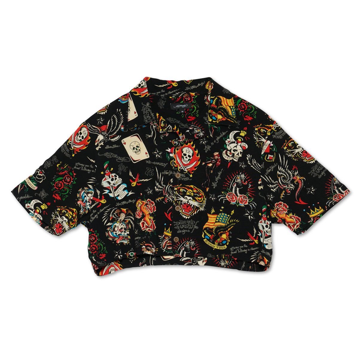 Black Ed Hardy Flashboard Cropped Camp Shirt (Bl) | TFABIRM-65