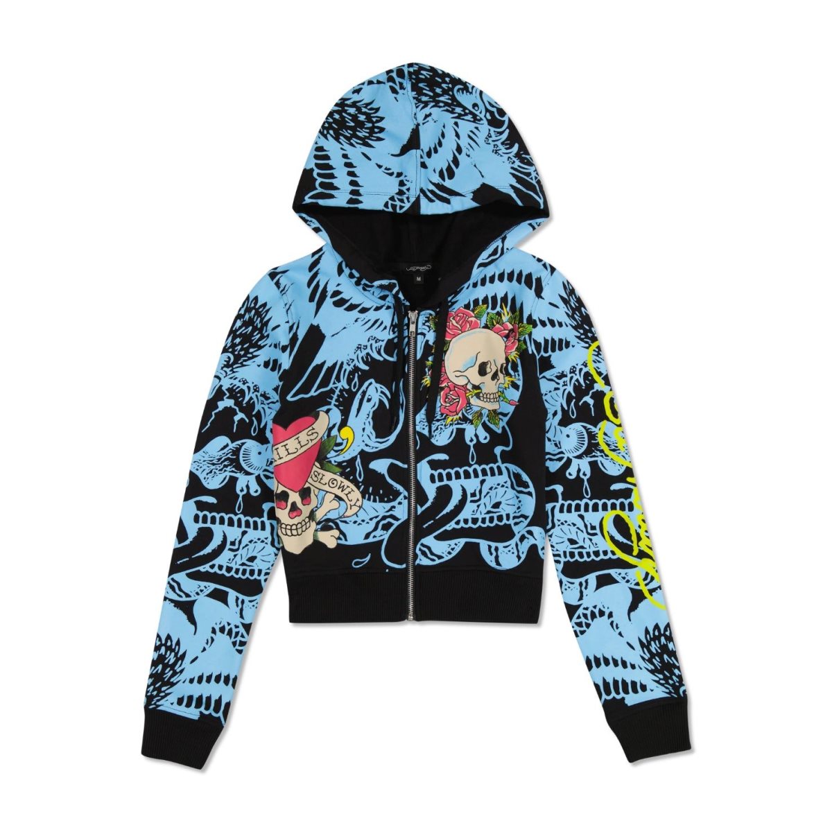 Black Ed Hardy LKS Skull Zip Cropped Fleece Hoodie | WPXDIFT-43