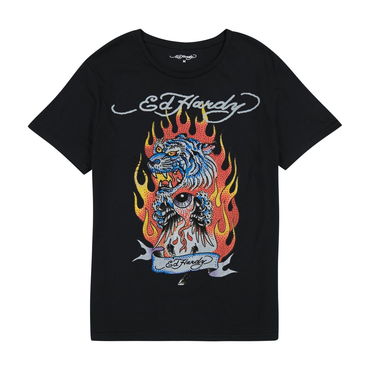 Black Ed Hardy Rhinestone Fire Tiger Tee | TZESUKH-74