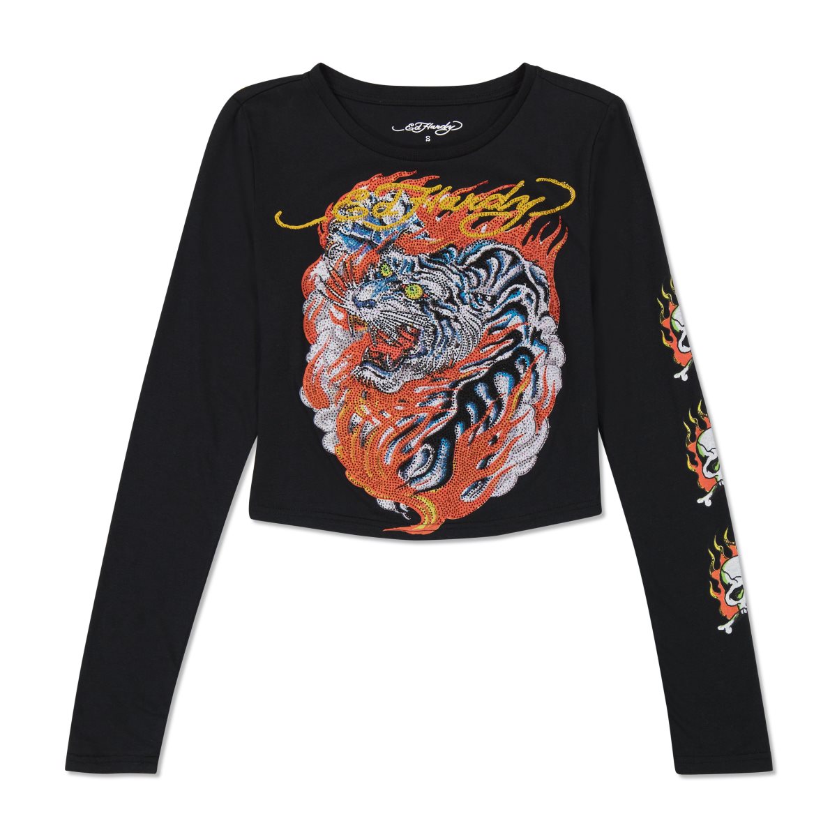 Black Ed Hardy Rhinestone Flaming Tiger Long Sleeve Baby Tee | NSCXOQY-36