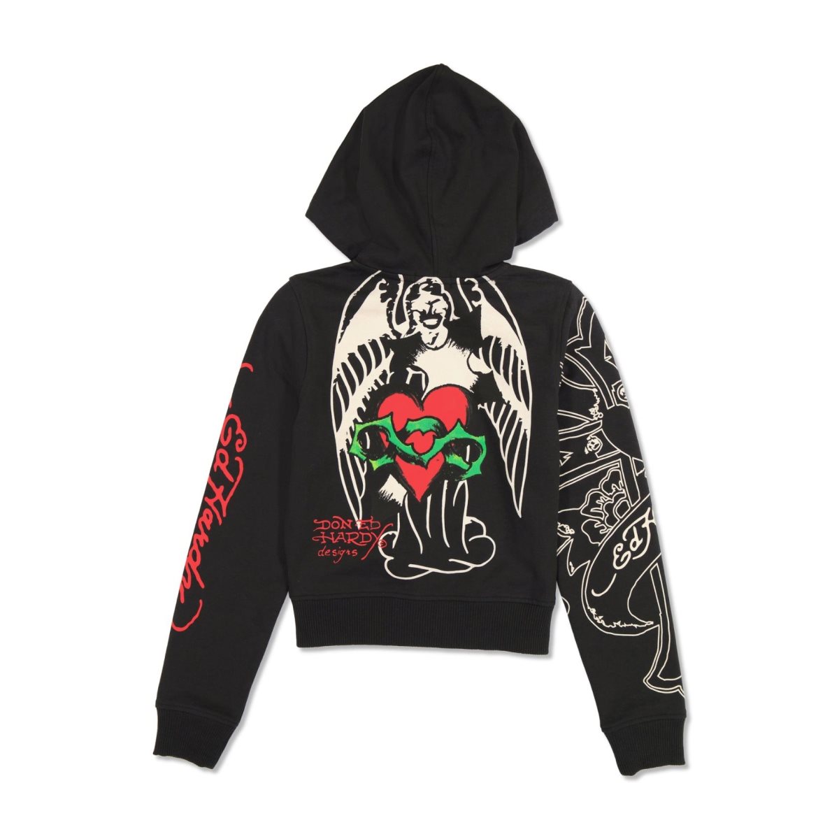 Black Ed Hardy Sacred Heart Cropped Zip Fleece Hoodie | VFULNWT-01