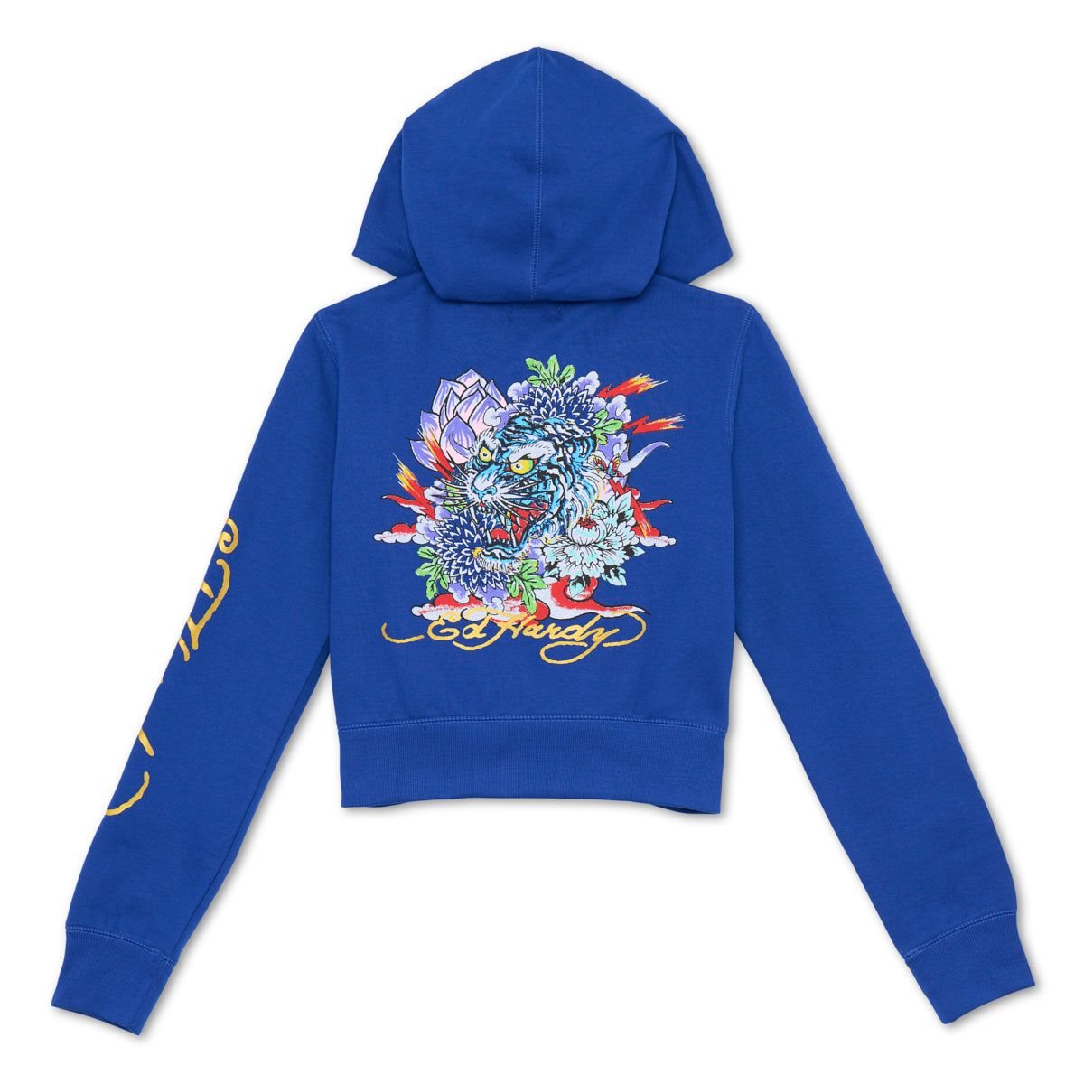 Deep Blue Ed Hardy Tiger Lotus Cropped Hoodie | KHGAEQL-94