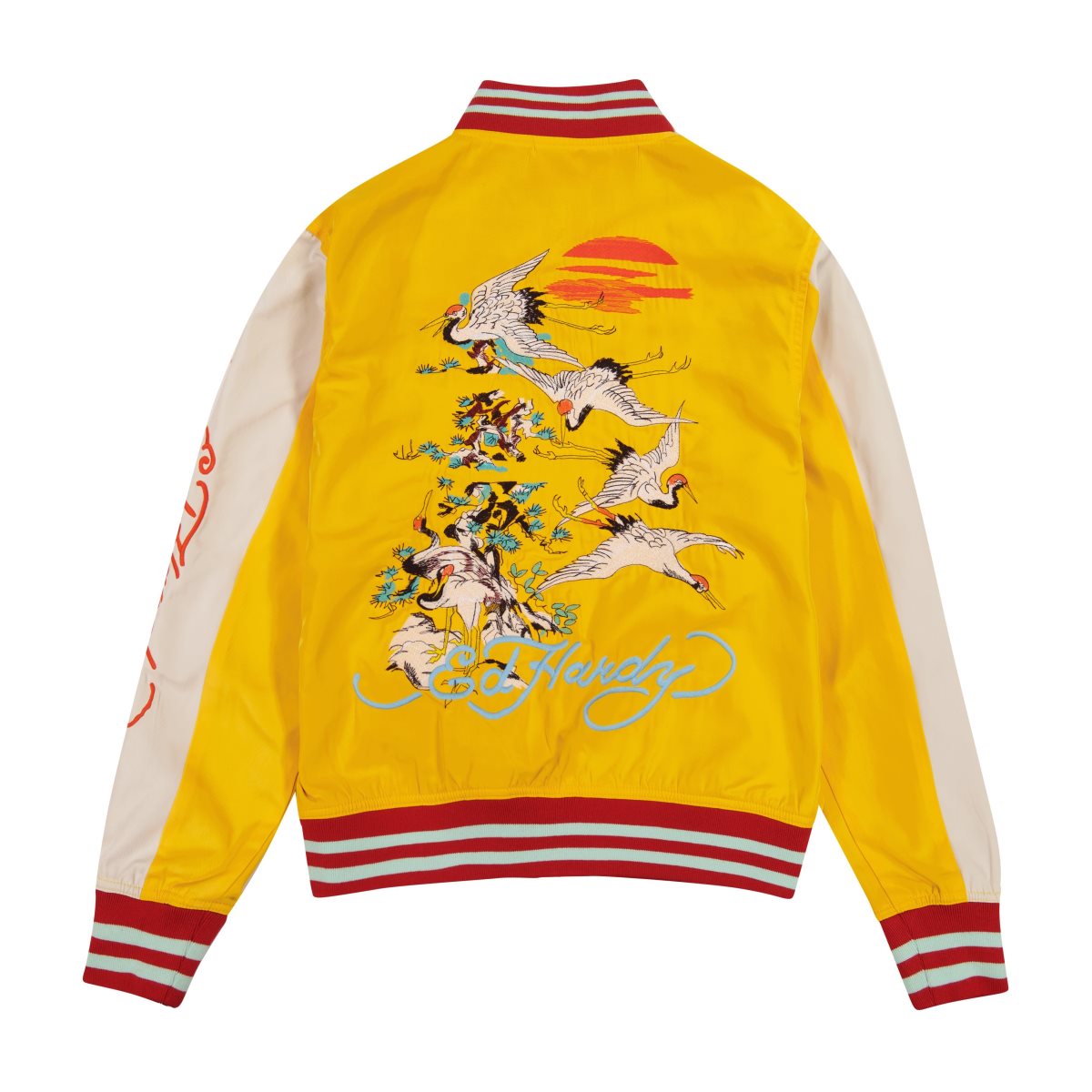 Gold White Ed Hardy Koi Cranes Souvenir Jacket | BGAWPSM-36