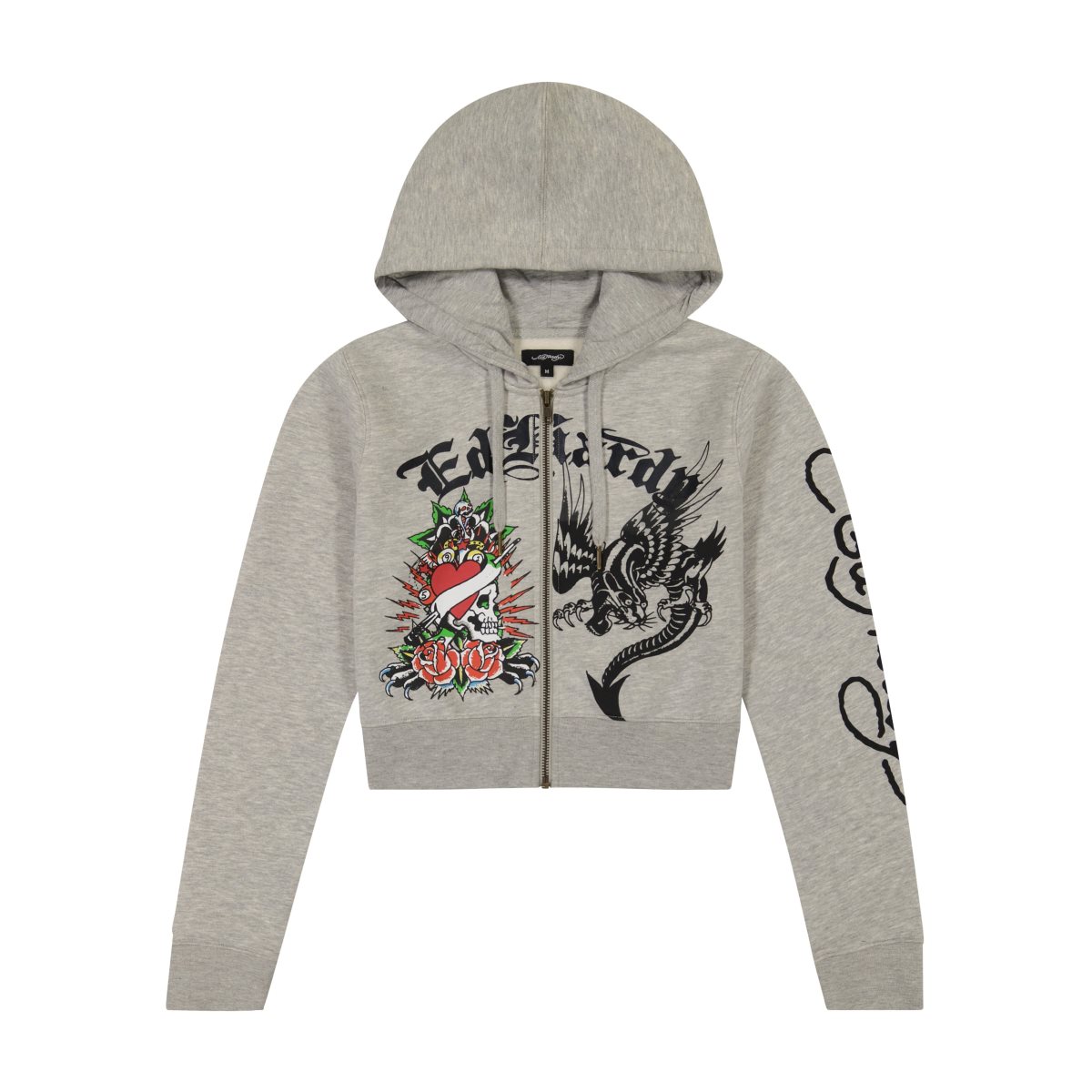 Grey Ed Hardy Heart Roses Cropped Hoodie | ZDKNVTW-97