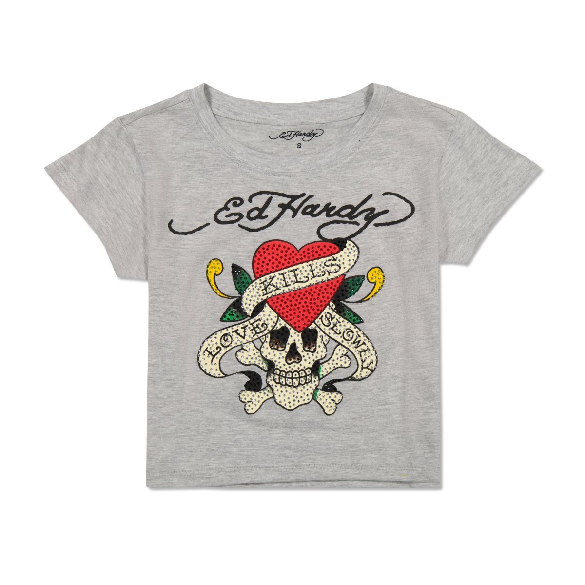 Grey Ed Hardy Rhinestone LKS Skull Baby Tee | RCELMAW-83