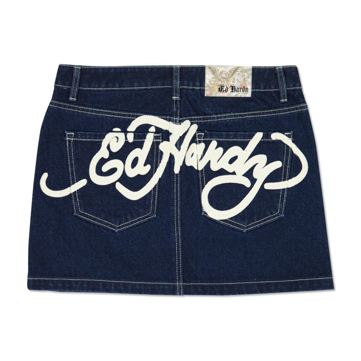 Indigo Wash Ed Hardy Panther Zipper Front Mini Denim Skirt | ETKDHBW-43