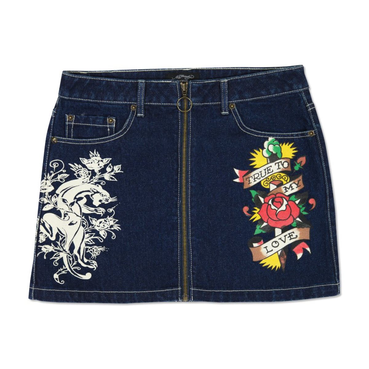 Indigo Wash Ed Hardy Panther Zipper Front Mini Denim Skirt | ETKDHBW-43