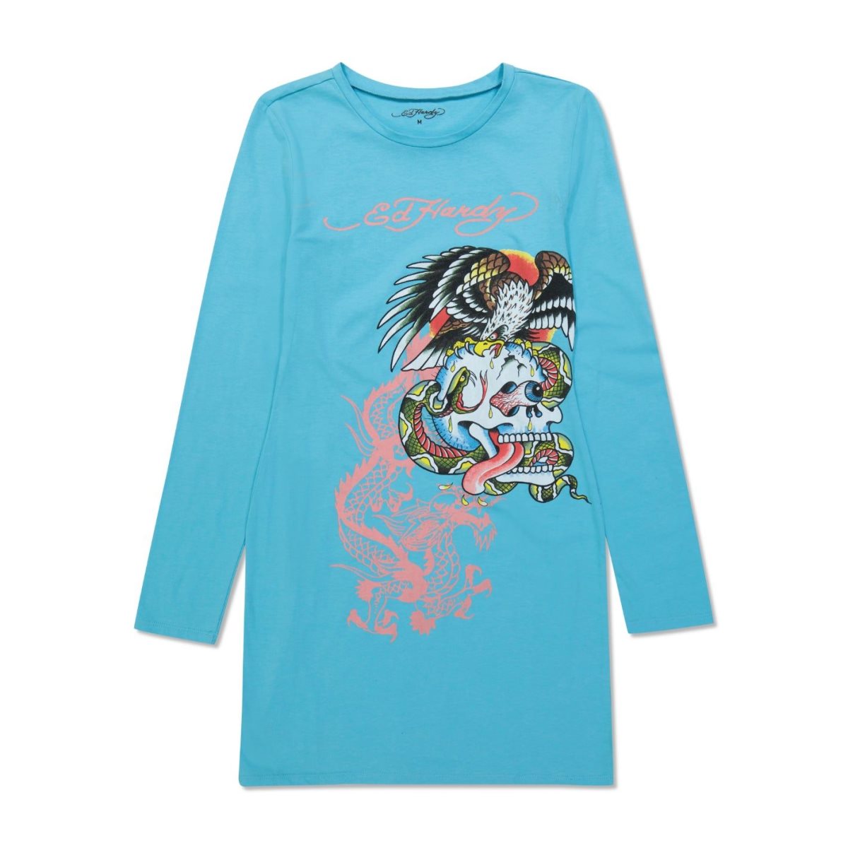 Light Turquoise Ed Hardy Battle Skull Baby Tee Long Sleeve Dress | CPRUZXS-26