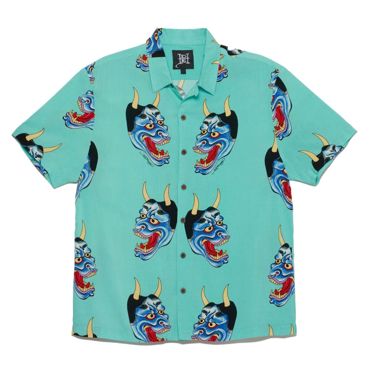 Light Turquoise Ed Hardy Devil Face Camp Shirt | NTXOHZY-63