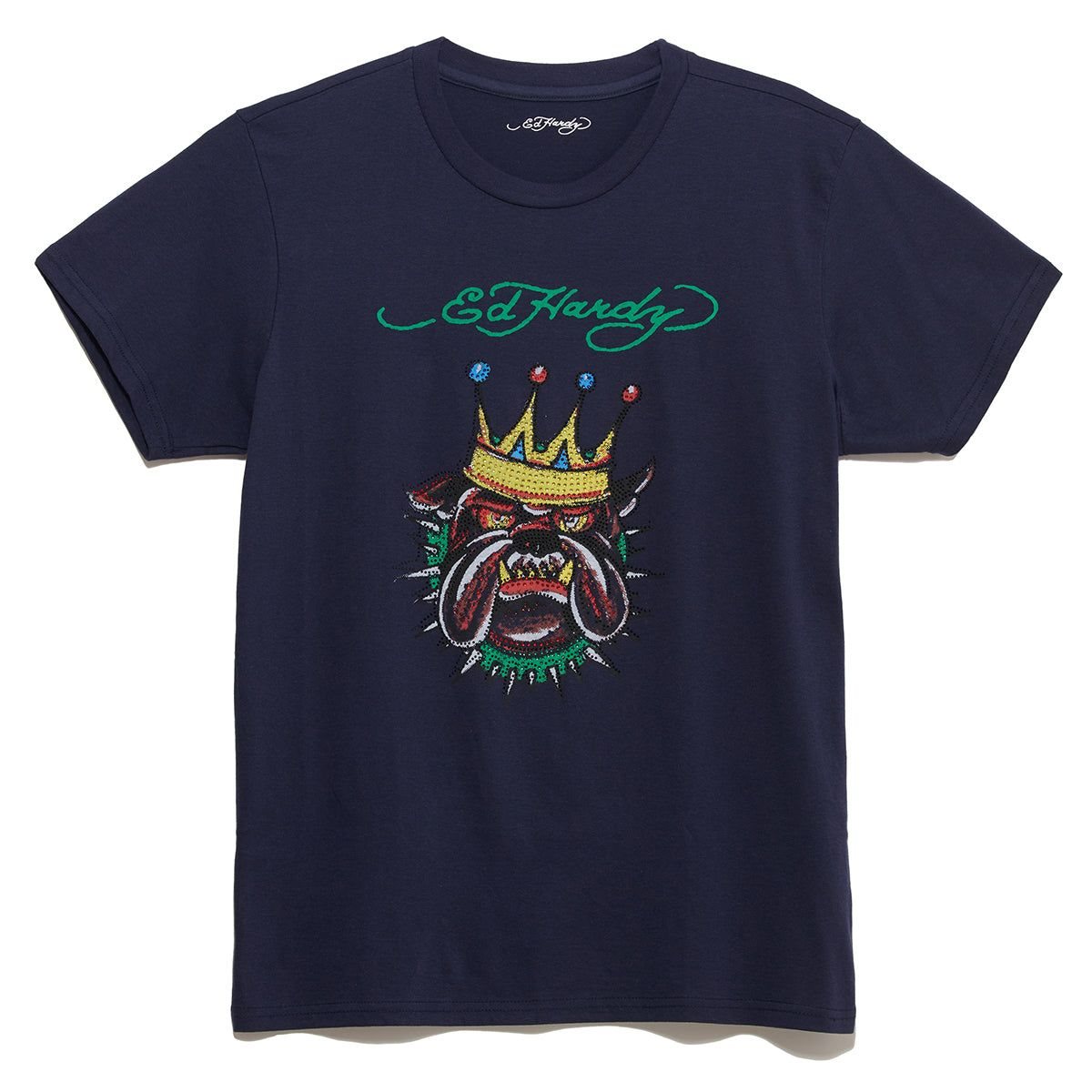 Navy Ed Hardy Rhinestone Bulldog Tee | GFHECNP-97