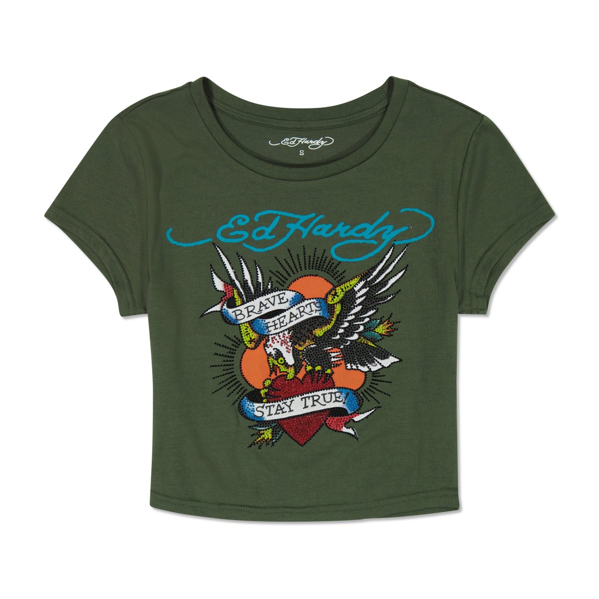 Olive Ed Hardy Brave Eagle Rhinestone Baby Tee | EIWANYK-06