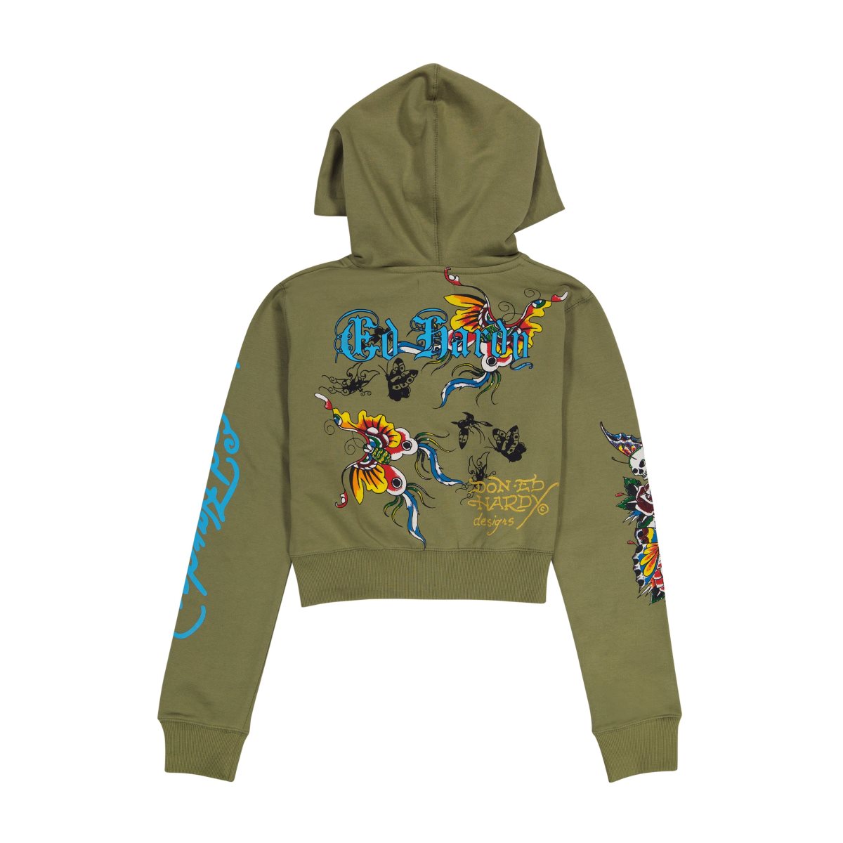 Olive Ed Hardy Butterflies Cropped Hoodie | SNTACGV-10