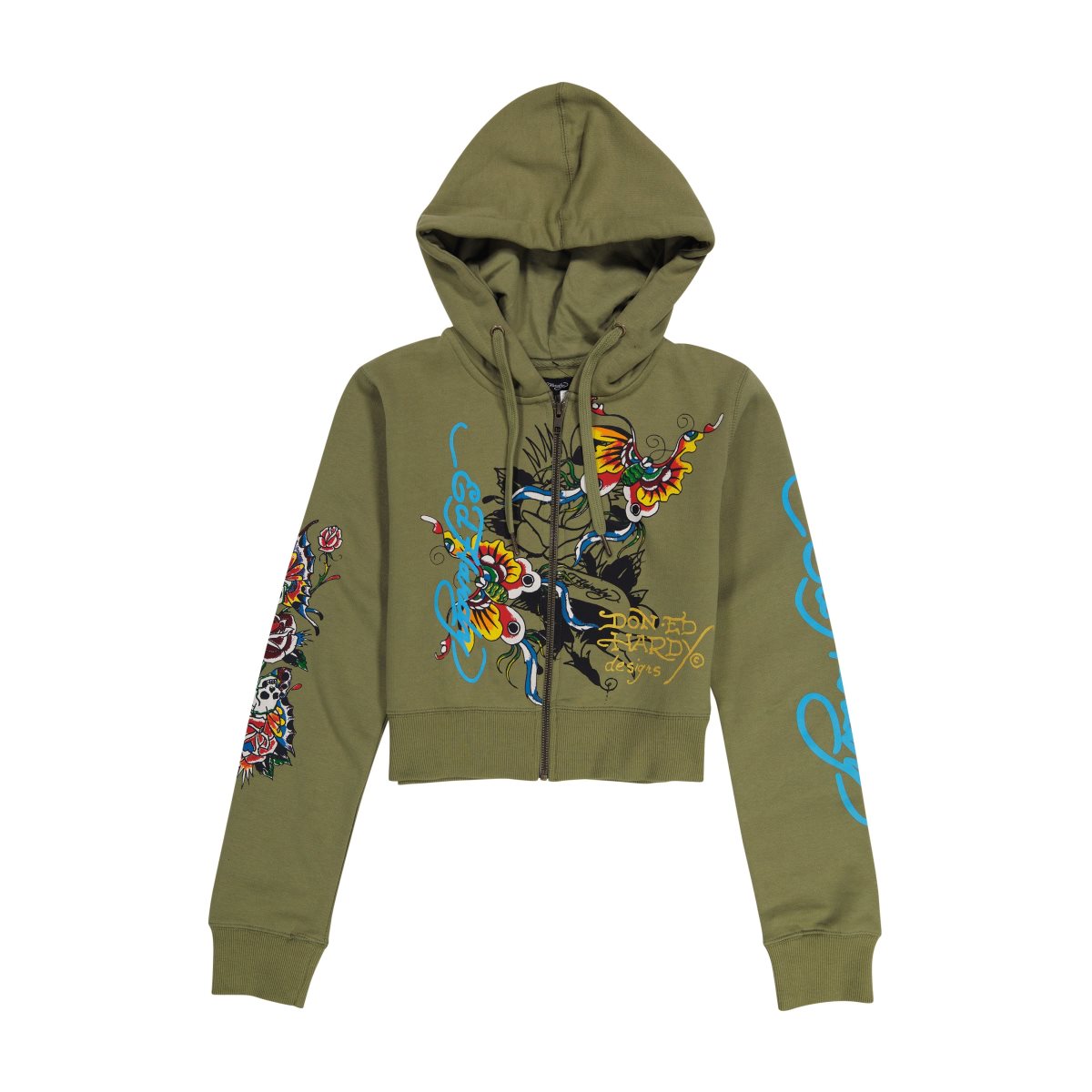 Olive Ed Hardy Butterflies Cropped Hoodie | SNTACGV-10