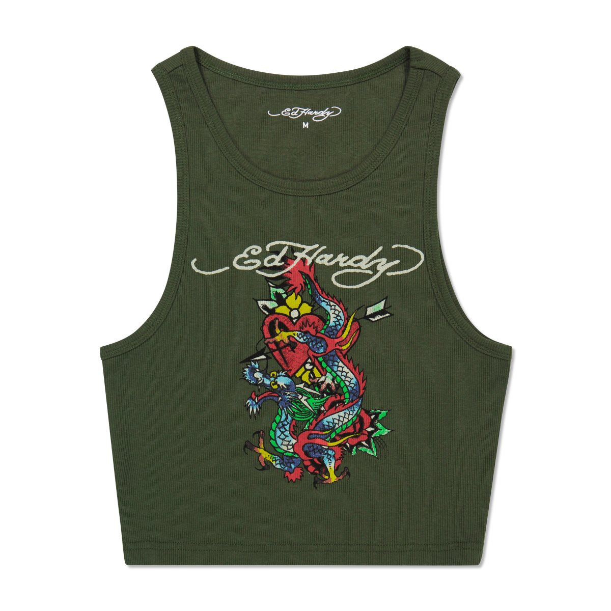 Olive Ed Hardy Dragon Heart Rib Knit Tank | DIQJPMZ-85