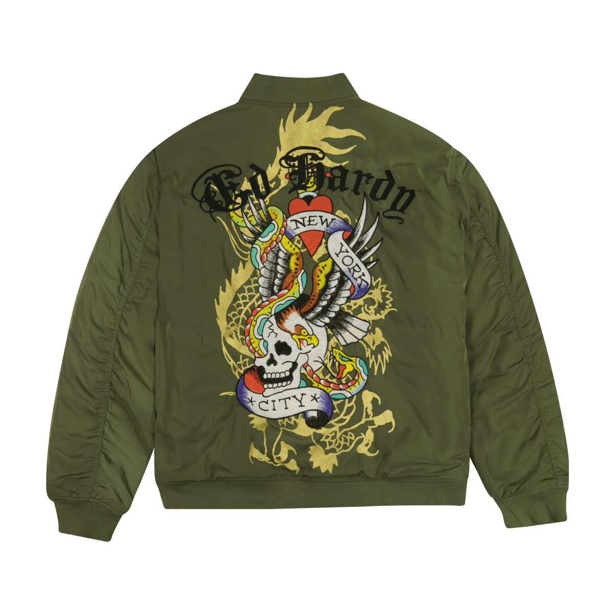 Olive Ed Hardy NYC Skull Bomber Jacket | IFNJVDP-43