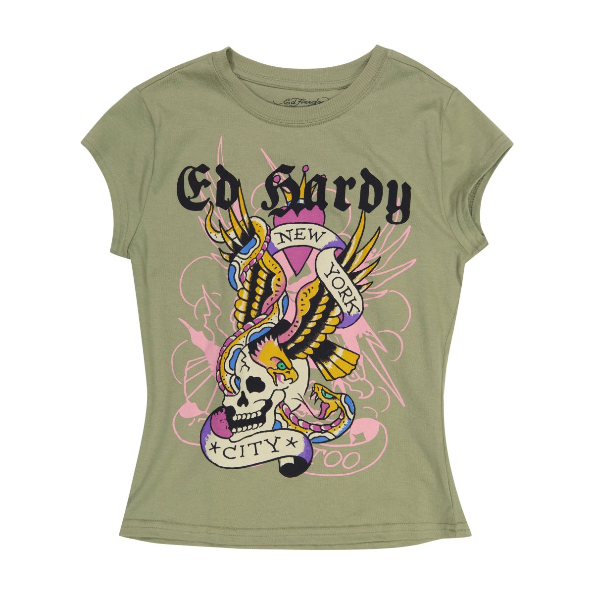 Olive Ed Hardy NYC Skull Cap Sleeve Tee | UXJDVMW-12