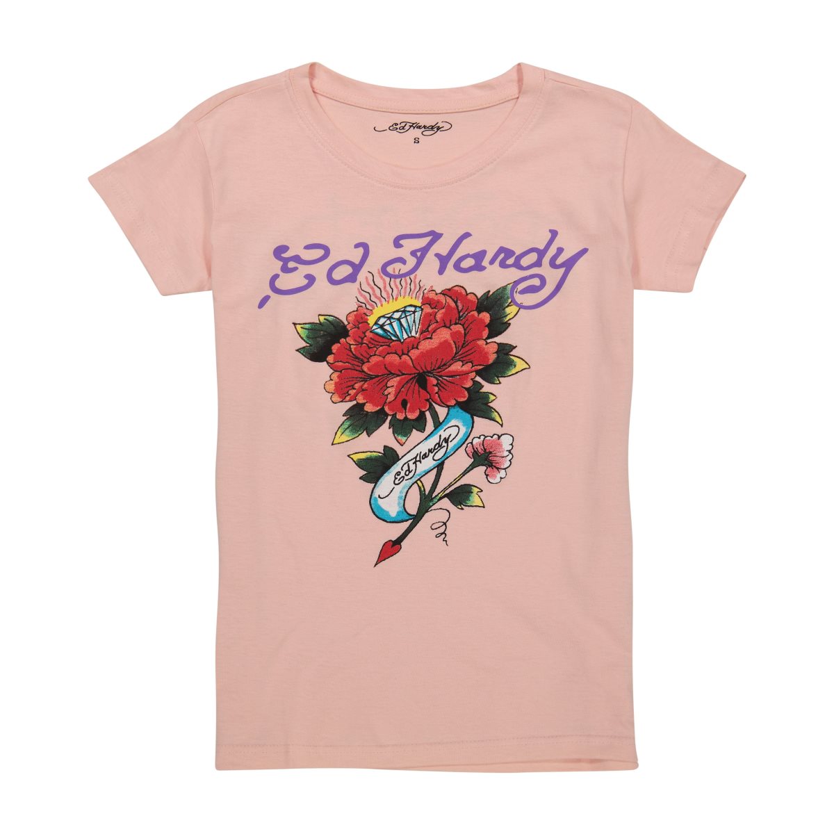 Pink Ed Hardy Diamond Flower Fitted Tee | UIHTDWK-74