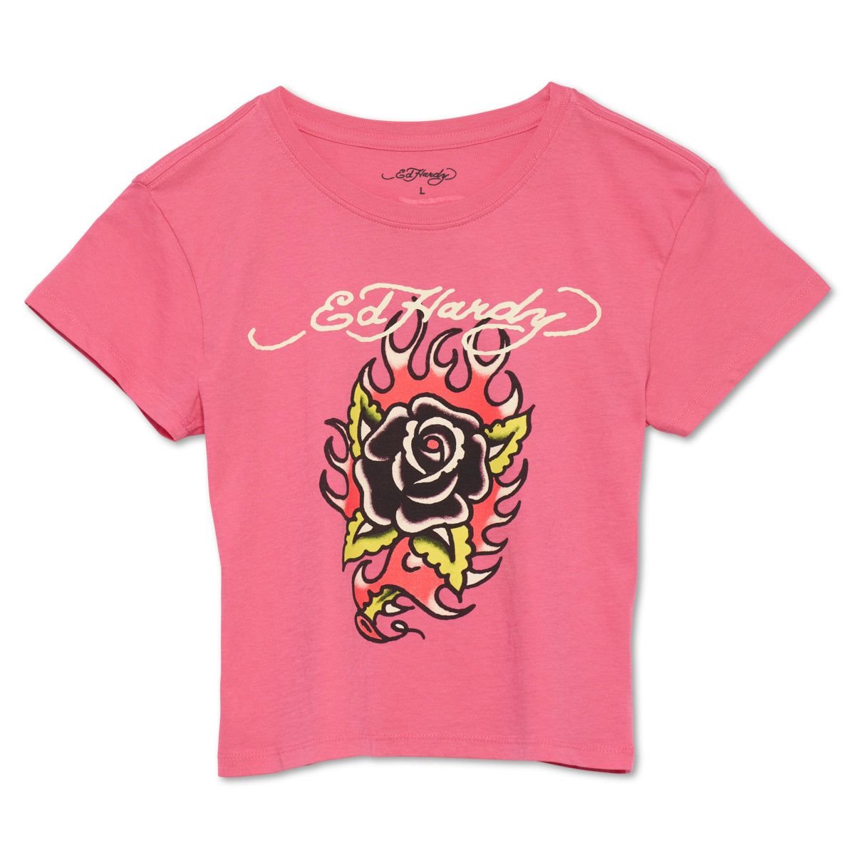 Pink Ed Hardy Flaming Rose Y2k Tee | LXOJHMU-86