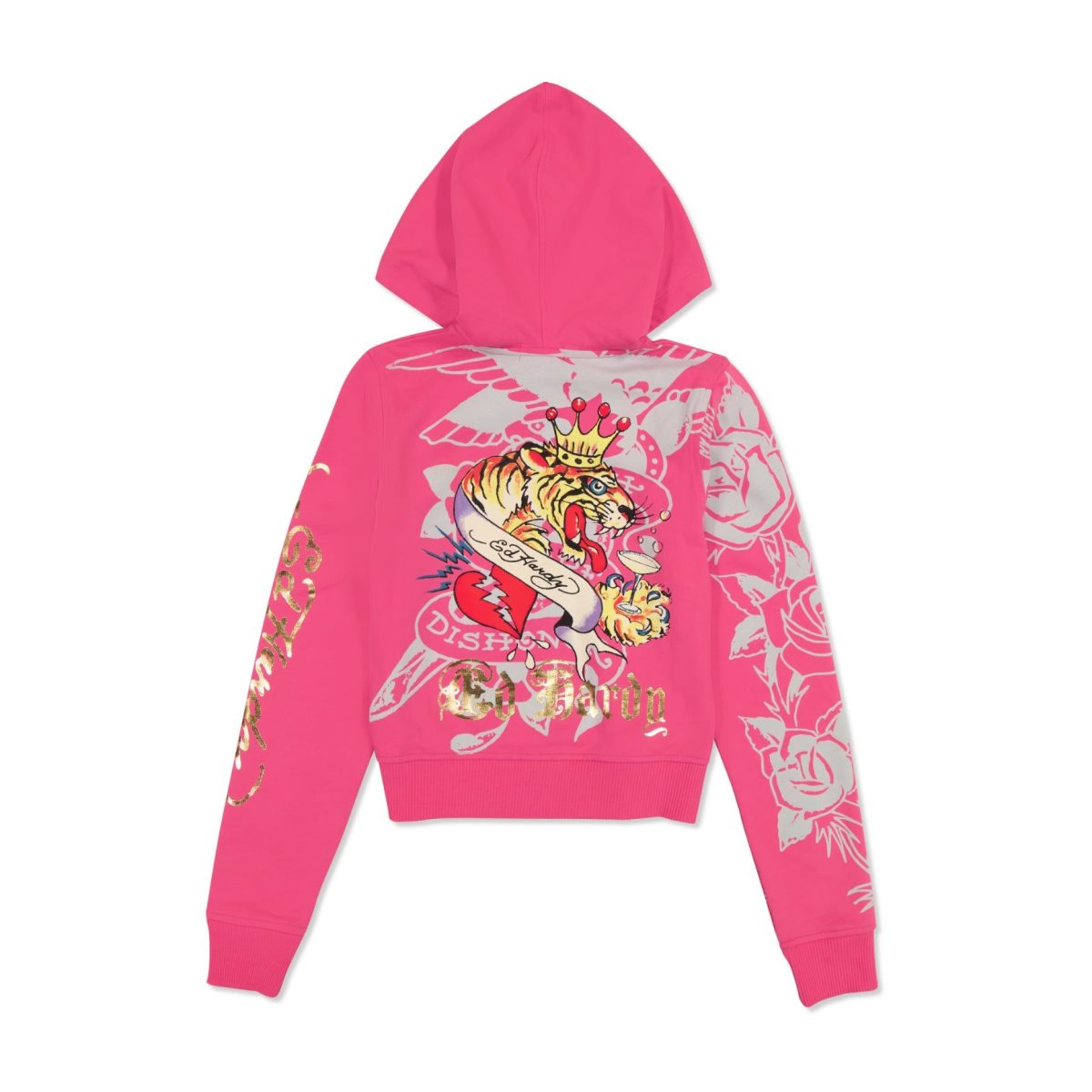 Pink Ed Hardy Tiger Crown Zip Fleece Hoodie | XJKZMDO-15