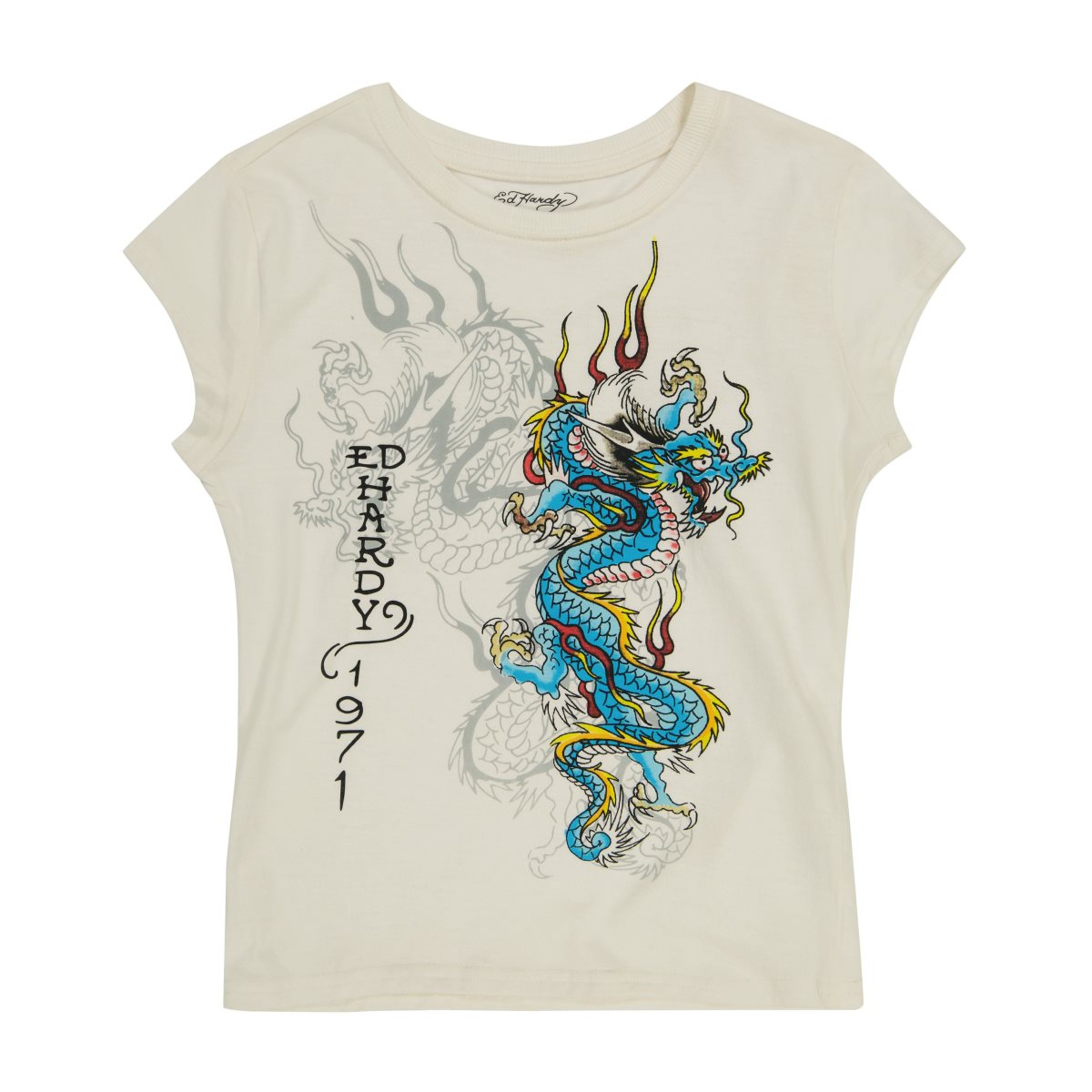 White Ed Hardy Dragon Cap Sleeve Tee | HVWNYLB-84