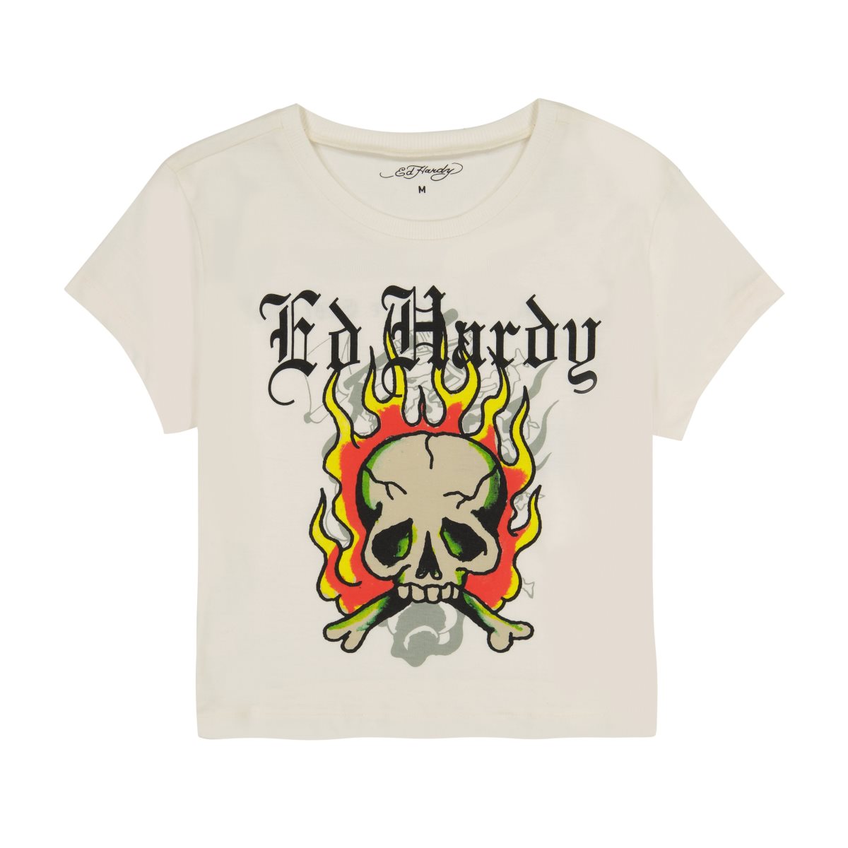 White Ed Hardy Flame Skull Baby Tee | GZUCBSA-92