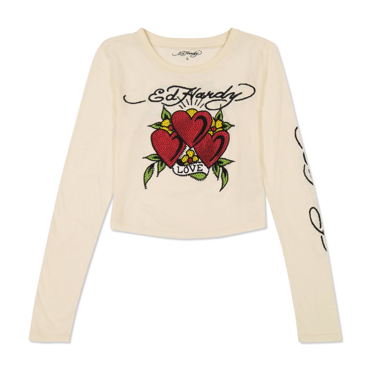 White Ed Hardy Rhinestone Long Sleeve Hearts Baby Tee | SUXYVHJ-89