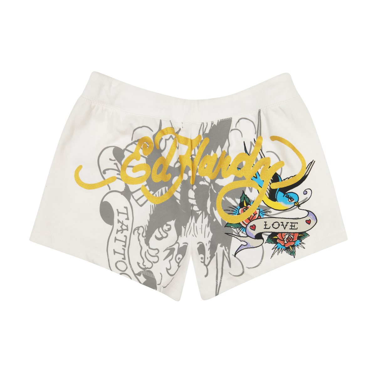 White Ed Hardy Rose Heart Y2K Fleece Shorts | MLCBSXA-70