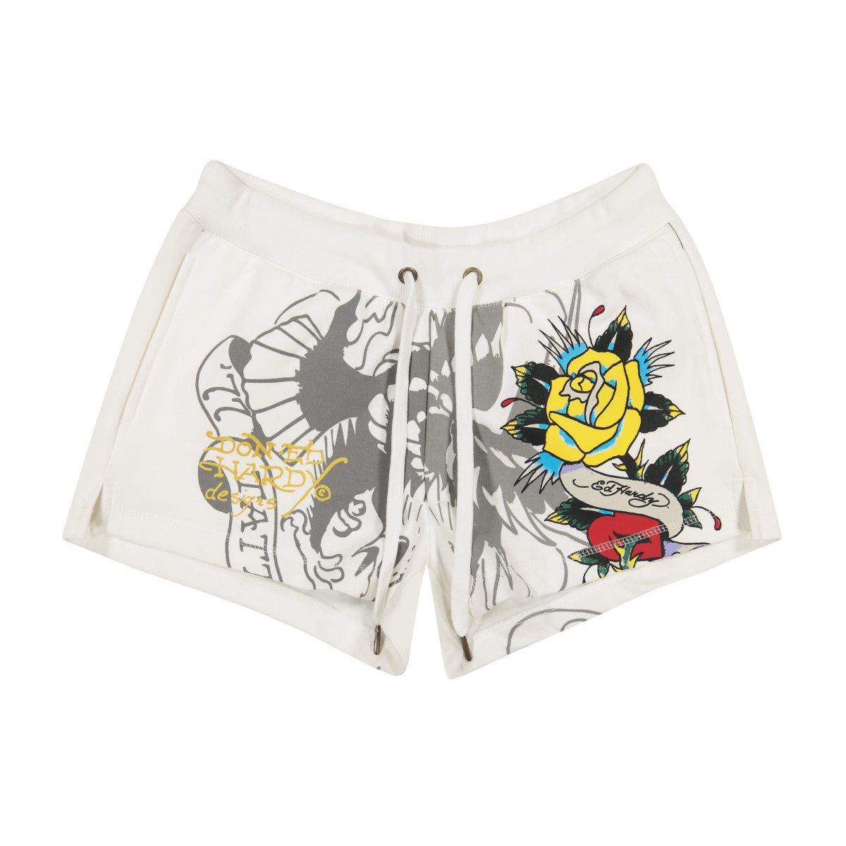 White Ed Hardy Rose Heart Y2K Fleece Shorts | MLCBSXA-70