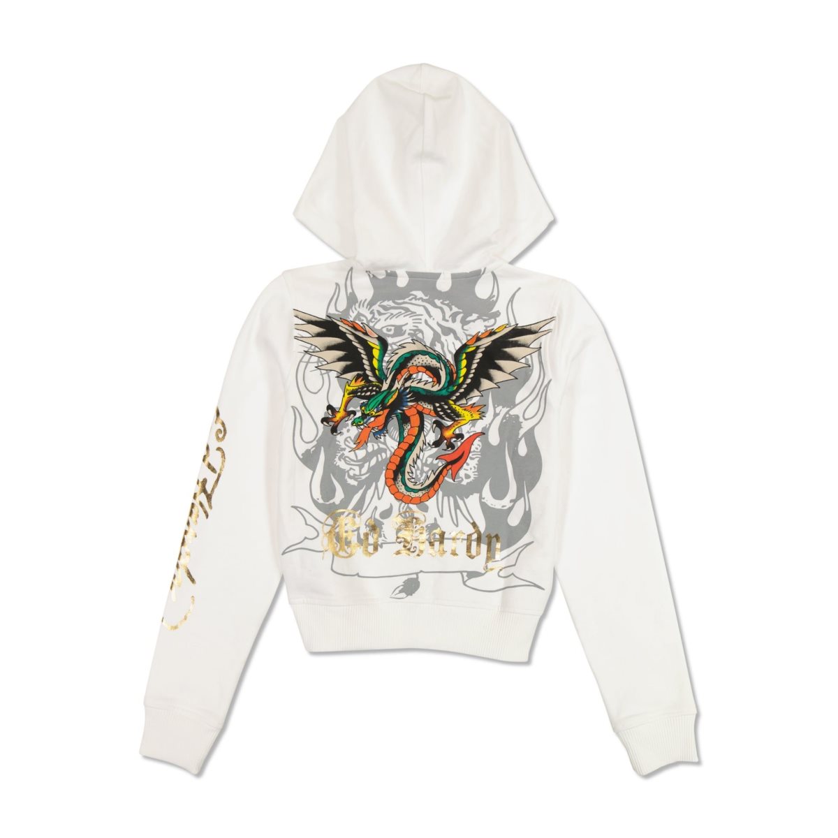 White Ed Hardy Tiger Dagger Cropped Zip Fleece Hoodie | RXNZMJG-12